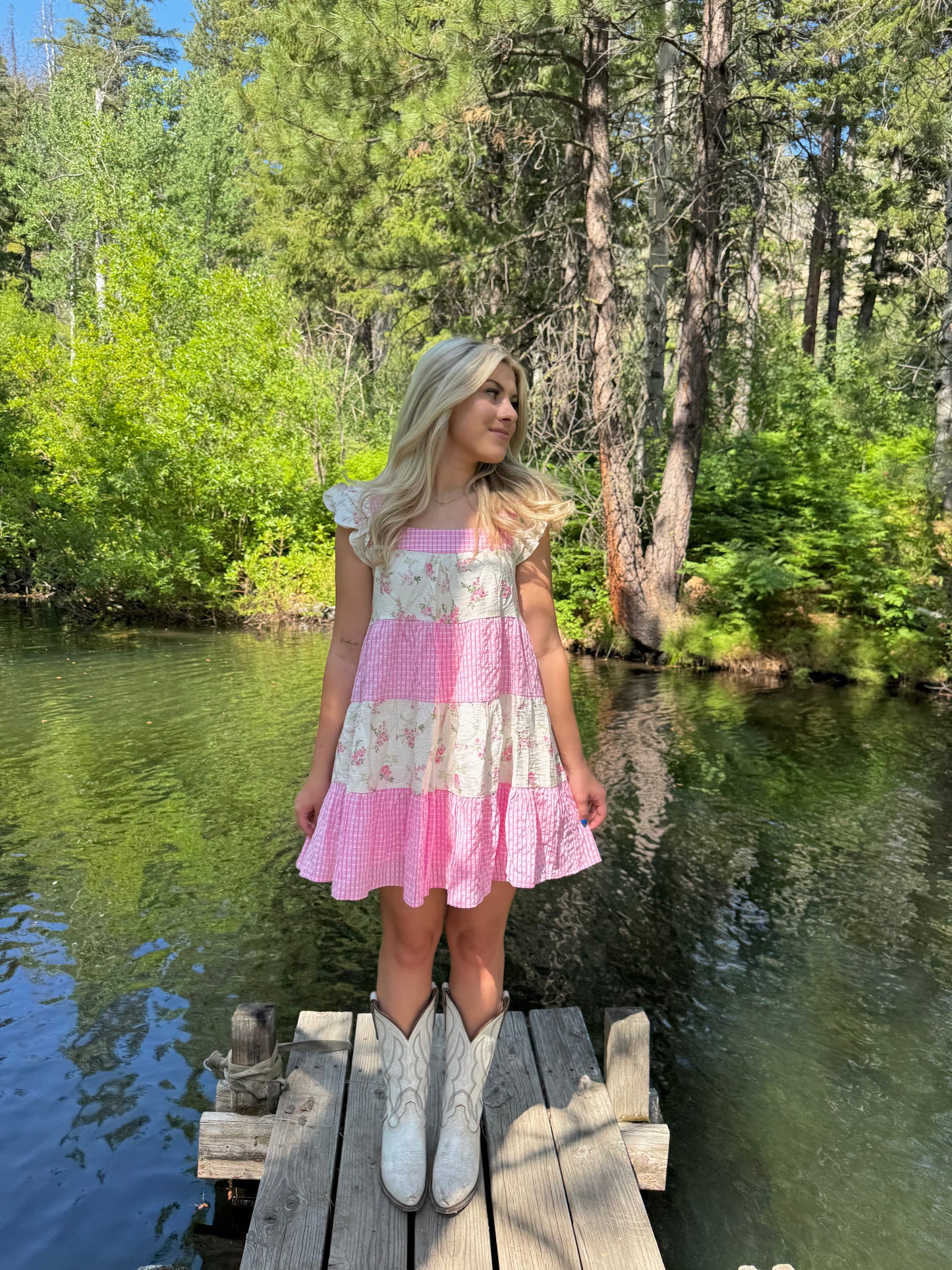 Tiered Mini Dress with Floral and Pink Gingham