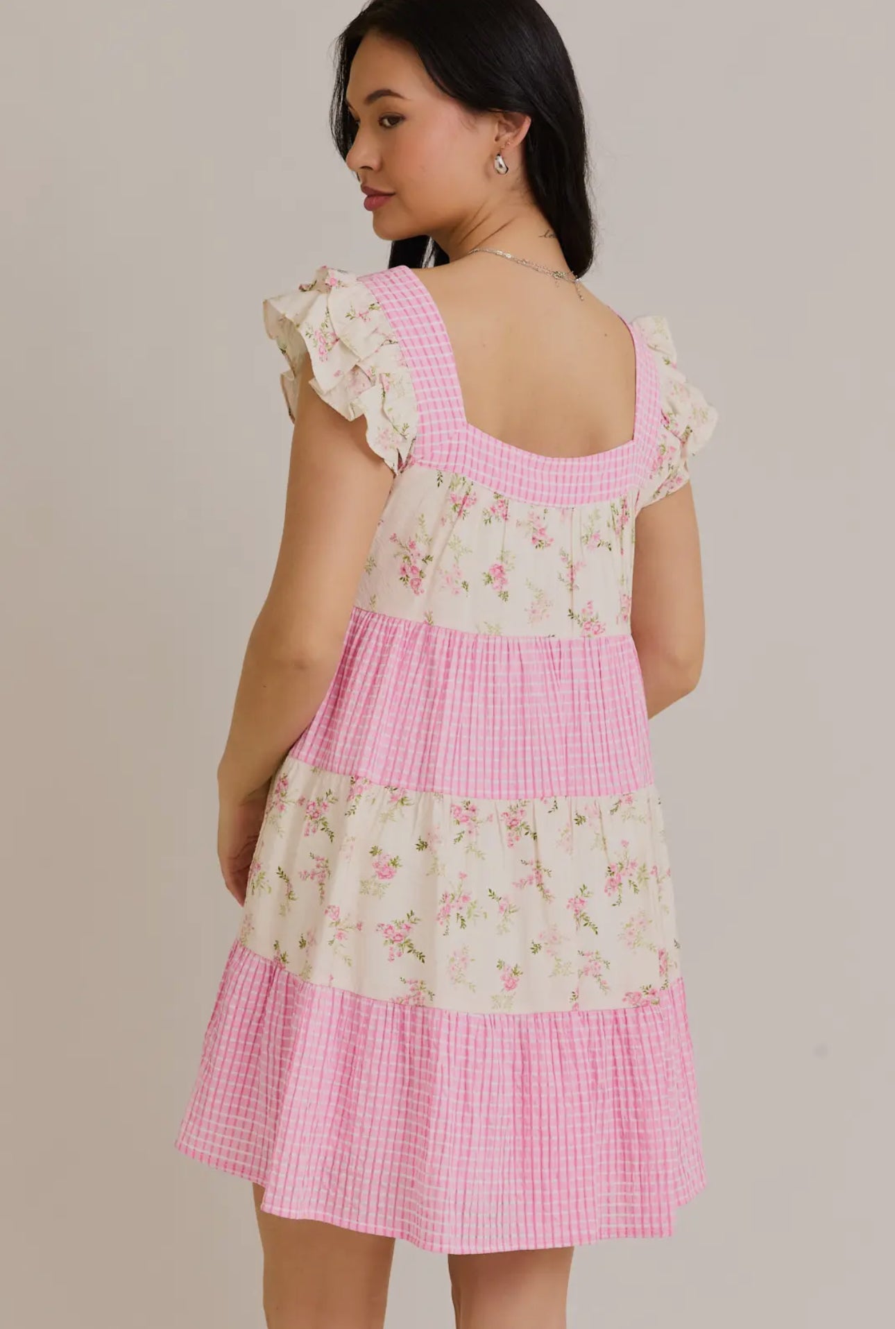 Tiered Mini Dress with Floral and Pink Gingham