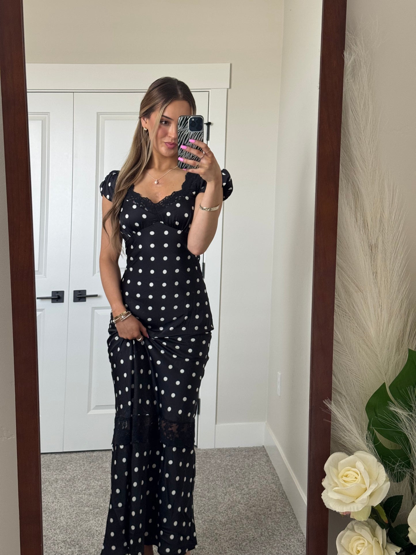 Polka Dot Satin Lacy Maxi Dress