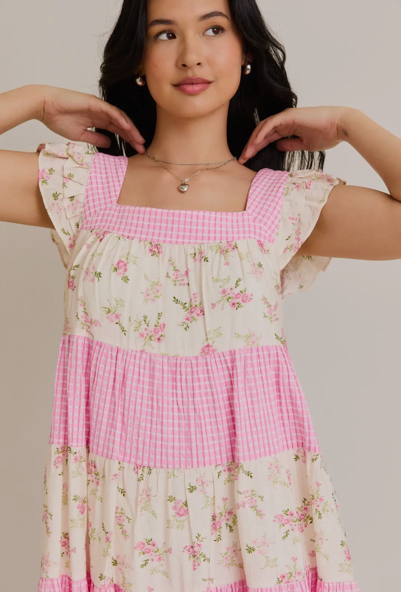 Tiered Mini Dress with Floral and Pink Gingham