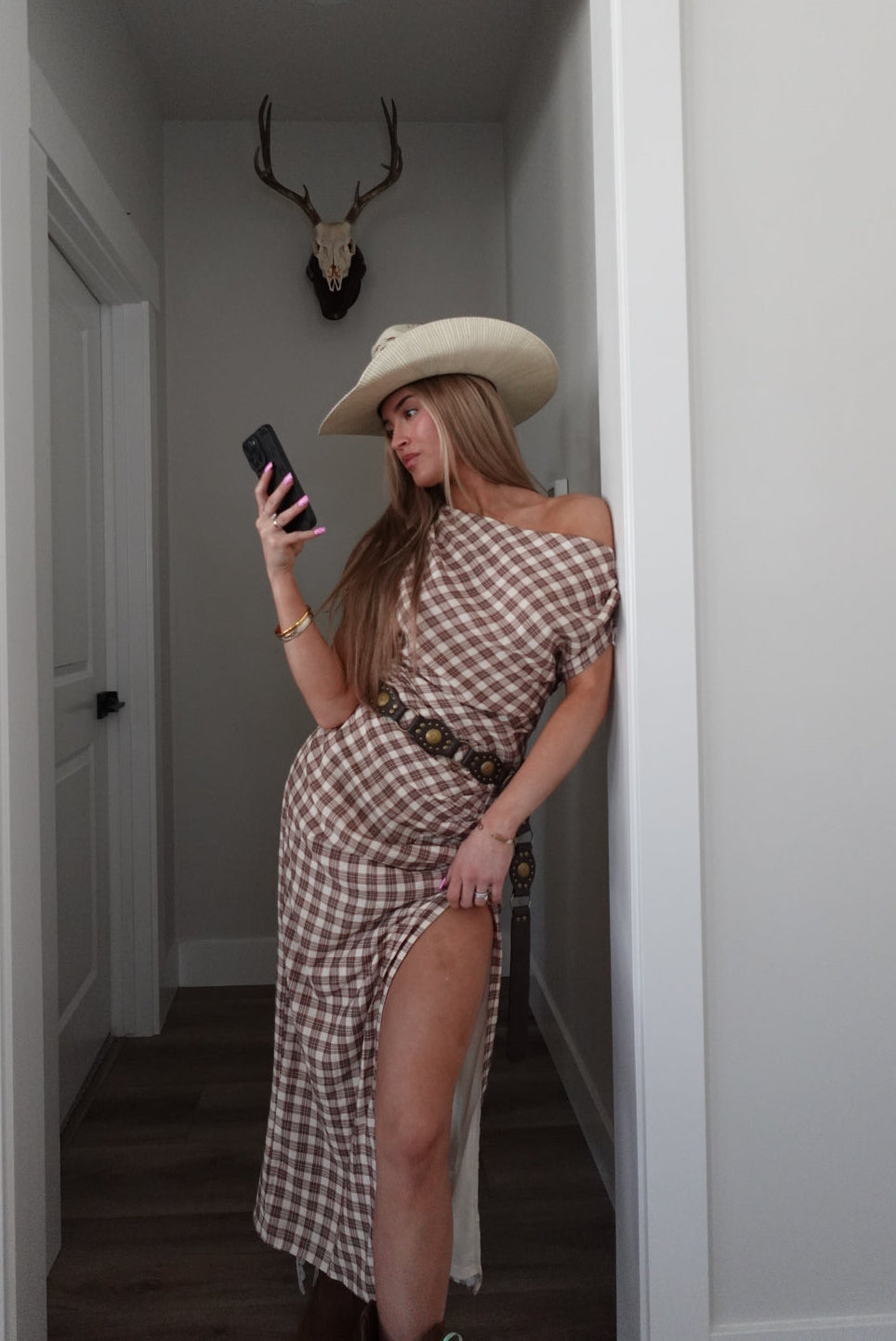 Off-Shoulder Gingham Maxi Dress