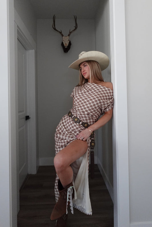 Off-Shoulder Gingham Maxi Dress