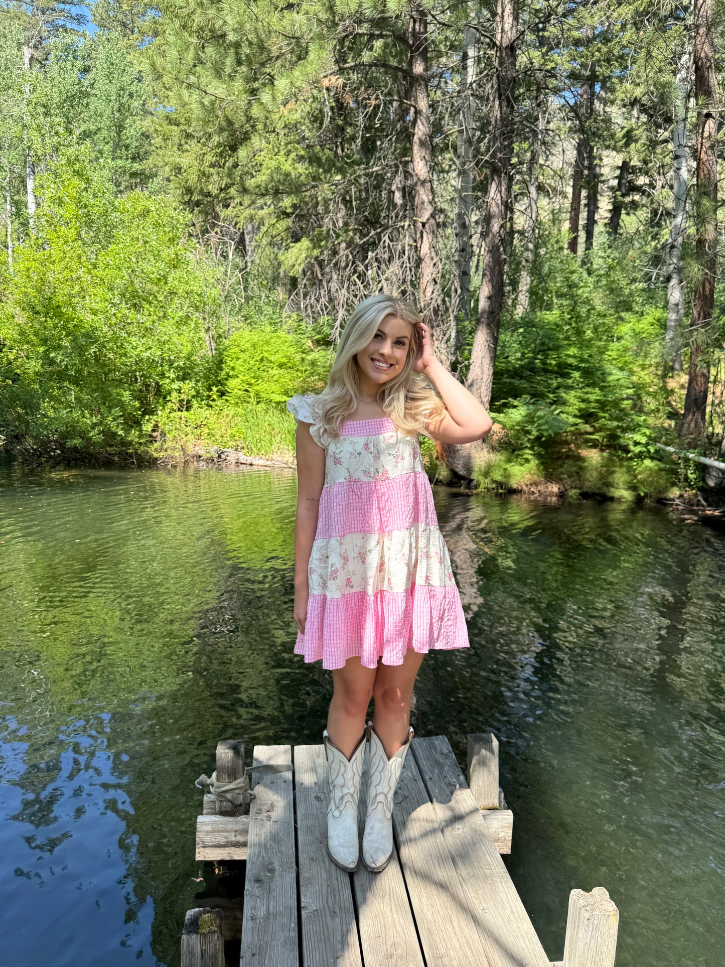 Tiered Mini Dress with Floral and Pink Gingham