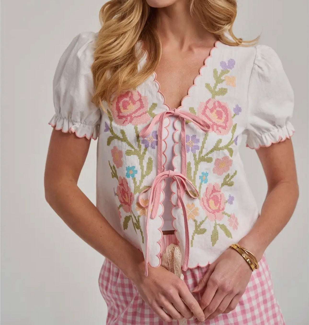 Floral Embroidered Tie Front Shirt